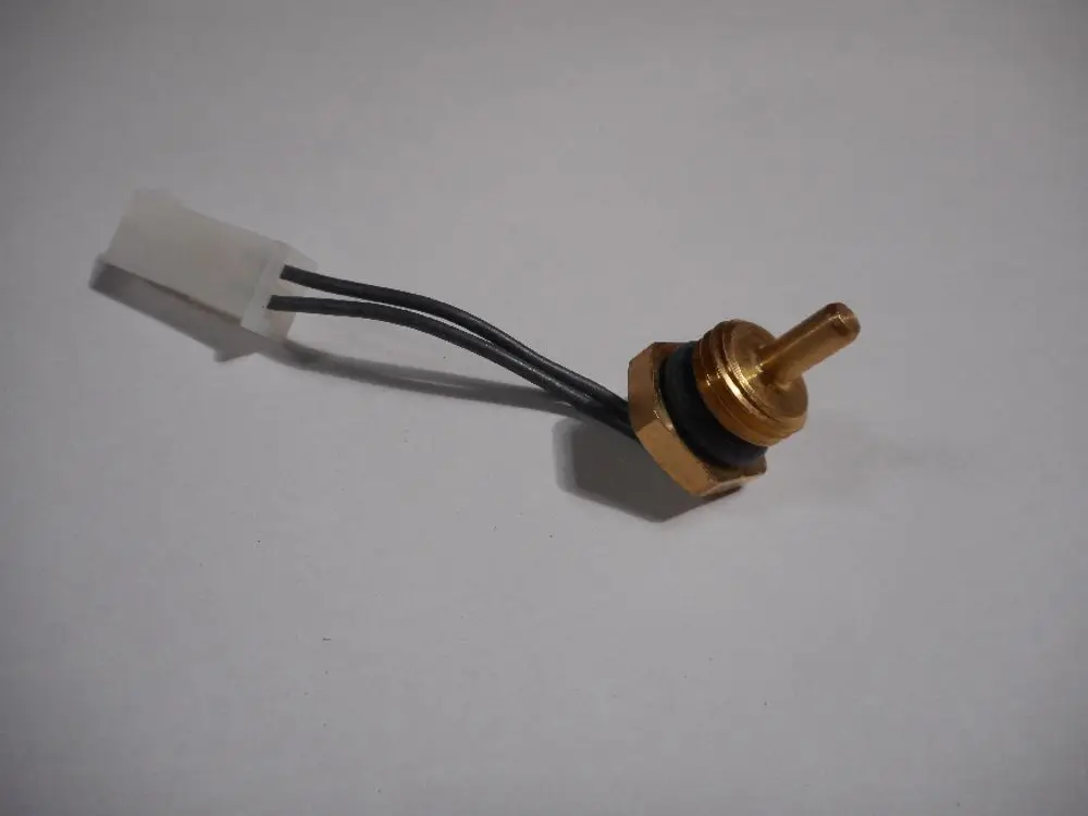 Einschraubfühler mit bronze-farbenem Gehäuse und zwei Kabeln, verwendet in Heizsystemen. Produkt von Remeha.